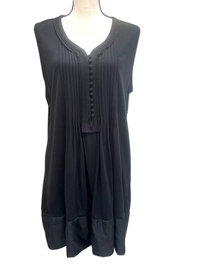 PURE DKNY BLACK SLEEVELESS PINTUCK BUTTON DOWN BIB FRONT SILK HEM DRESS